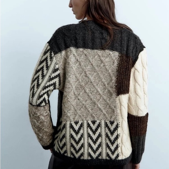 New ZARA Patchwork Cable Knit Cardigan Neutral Chevron Size S - Picture 3 of 3